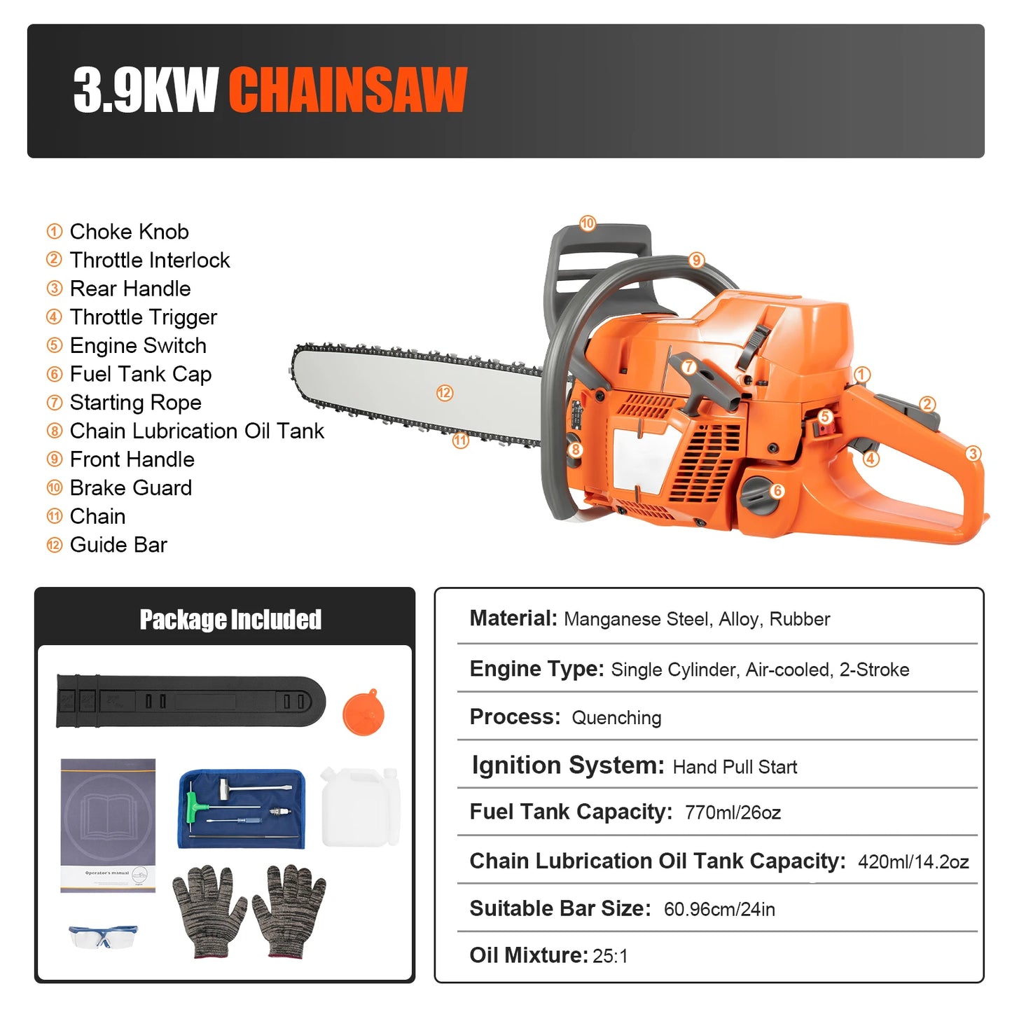 24 Inch Gas Chainsaw, 72CC 3900W 2-Stroke Handheld Cordless, Orange Chainsaw for Wood Cutting