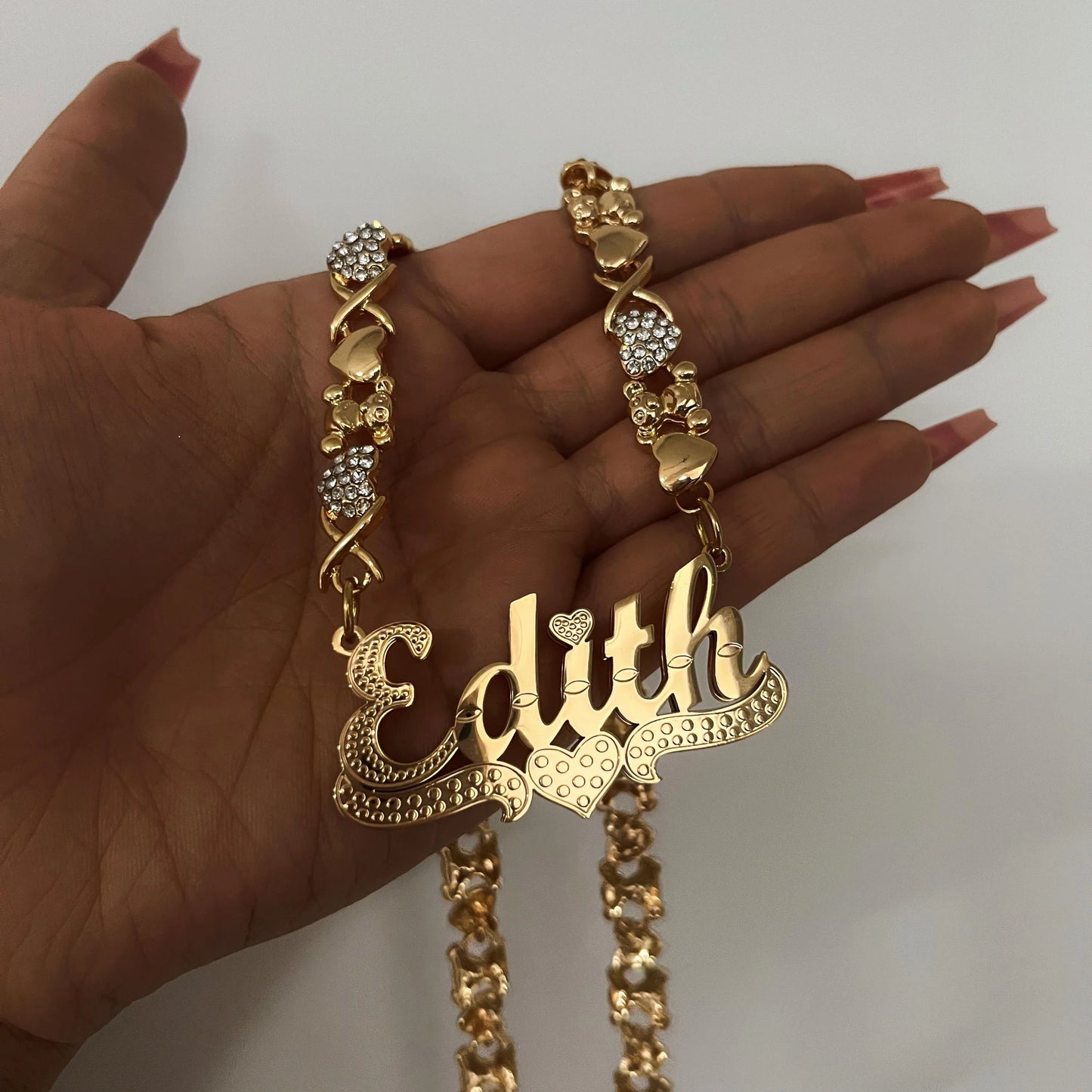 Personalized Teddy Bear Chain Name Necklace with Diamond 3D Double-layer Nameplate DIY Custom Name Necklace Golden Women's Gift
