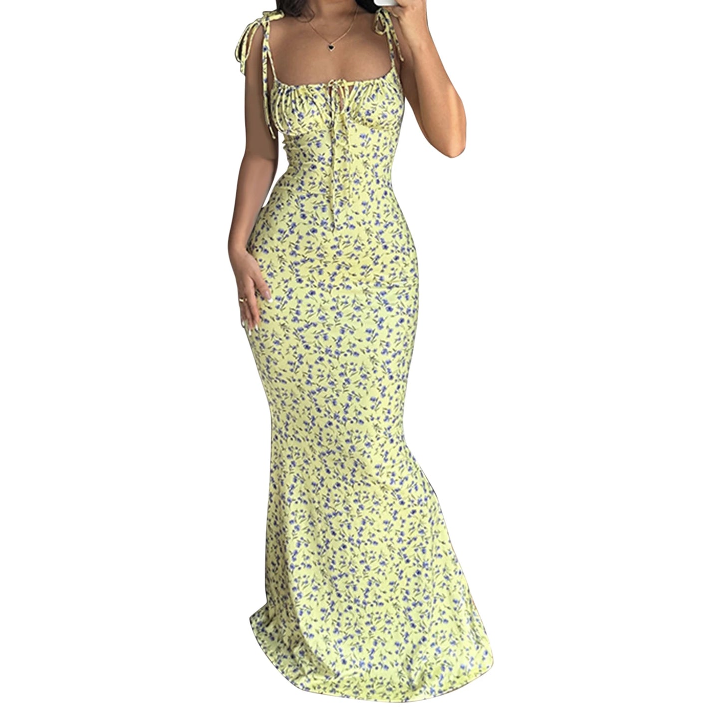 Elegant Floral Print Spaghetti Strap Dress with Drawstring Waist and Fit Design Ideal for Summer and Spring Events