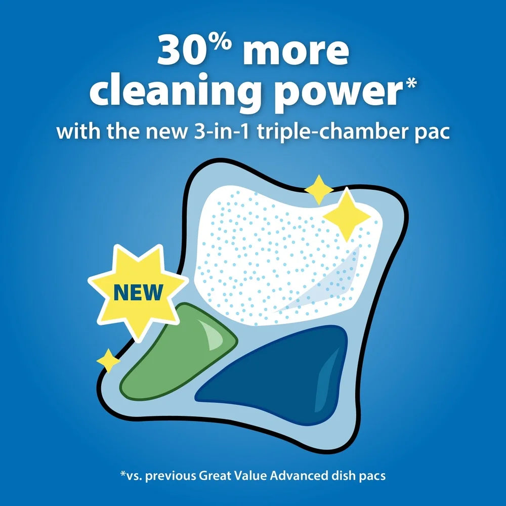 Advanced Automatic Dishwasher Pacs 62 Count Fresh Scent Triple Action Formula Tough on Grease Stains Residue No Pre-Rinse Safe