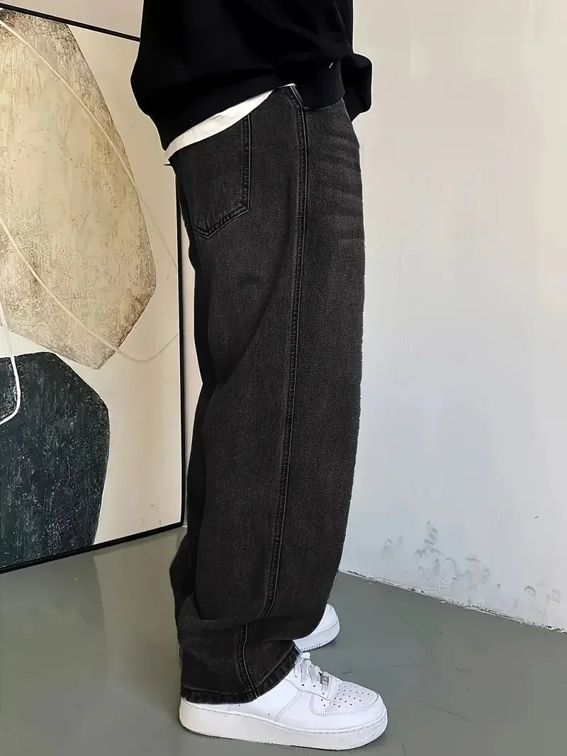Mens' Fashionable Light Blue Straight Leg Jeans - Loose Fit, Casual Trend, Hip-Hop Street Dance Inspired, Skateboard Cycling Spo