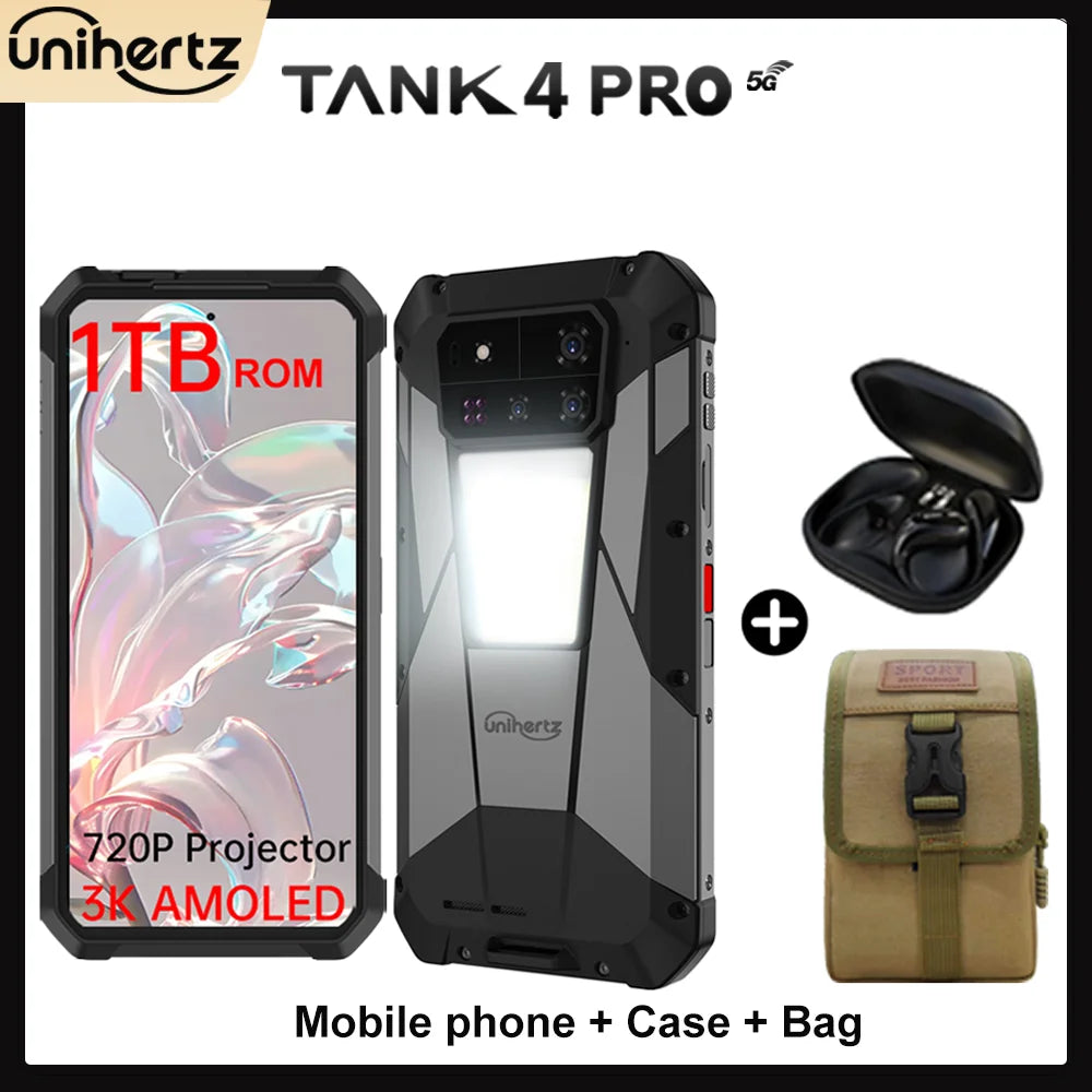 Unihertz Tank 4 pro 8849 Smartphone Android 14 with 720P Projector 5G AI Dimensity 8300 1TB ROM 3K AMOLED 11600mAh 120W Charger