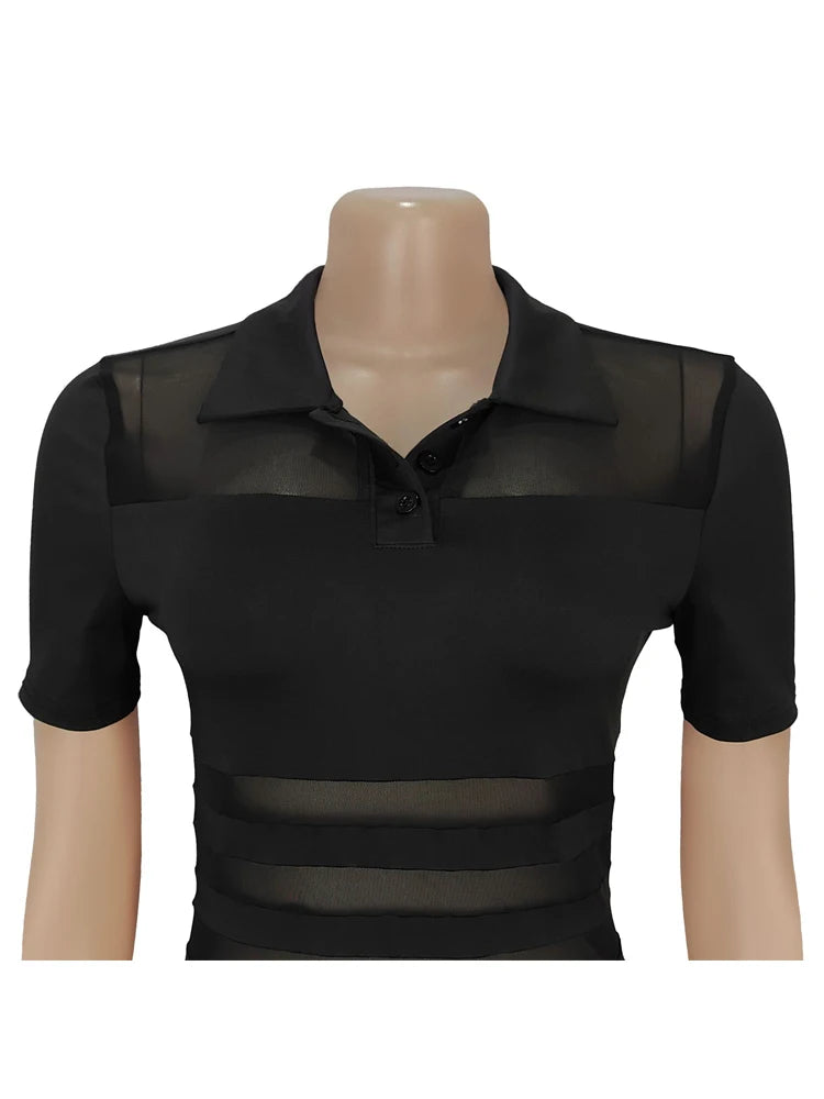 Beyprern Women's See-Through Striped Sheer Polo Maxi Dress Sexy Turn-Down Collars Caged Party Dresses Night Out Vestido Clubwear