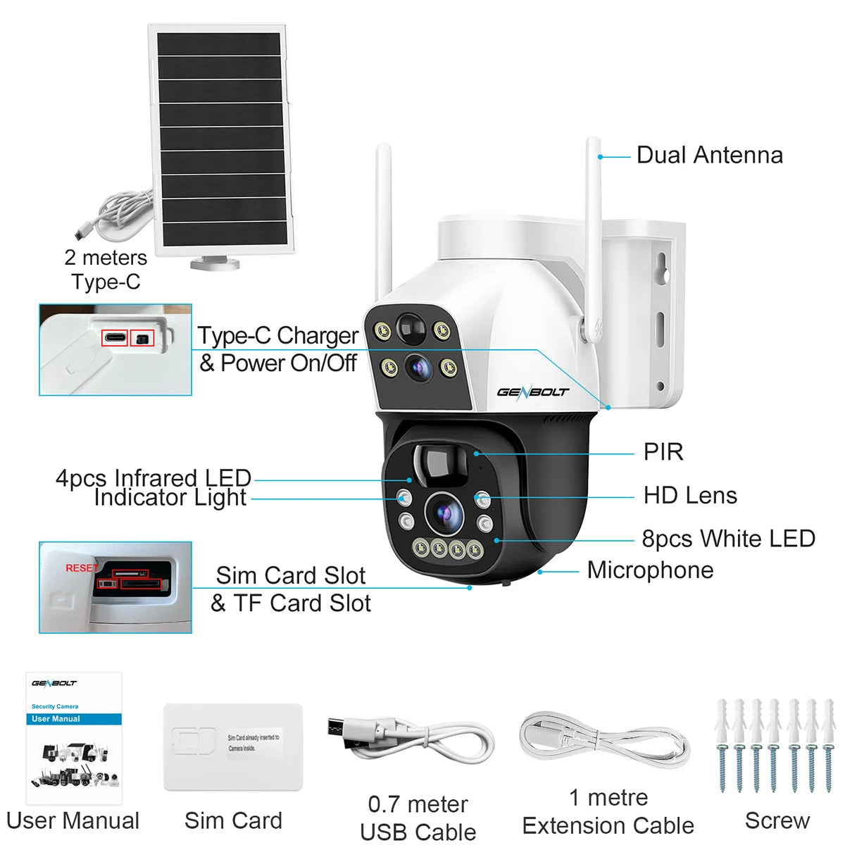 GENBOLT 4G SIM Solar Camera 4X Zoom Wireless Outdoor Cameras with HD 30m Night Vision15600mAh PTZ Surveillance Camera Dual Lens