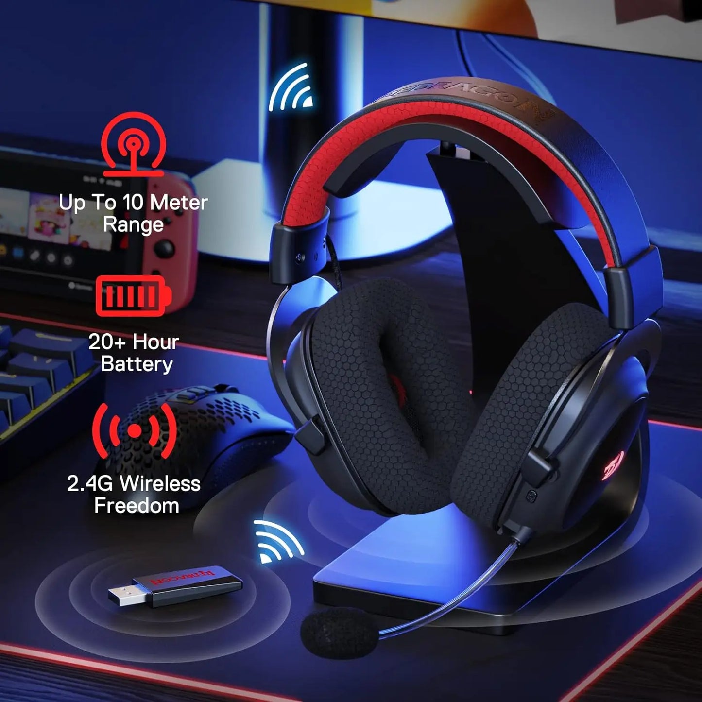 Redragon H510 PRO Zeus-X RGB Wireless Gaming Headset 7.1 Surround Sound 53MM Audio Drivers Multi Platforms Headphone