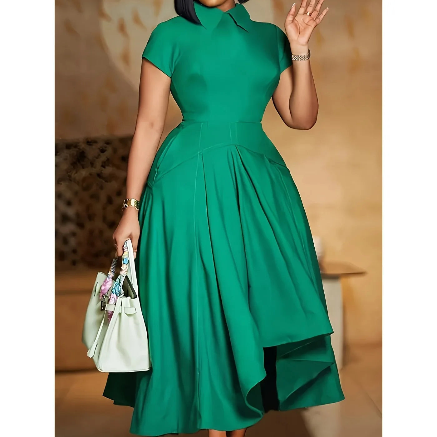 Elegant O Neck Short Sleeve A-Line Slim Fit Asymmetric Pleated Hem Formal Party Dress