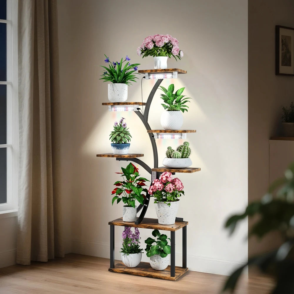 7 Tiered Plant Stand Branch Shape Metal Flower Display Rack with LED Grow Lights