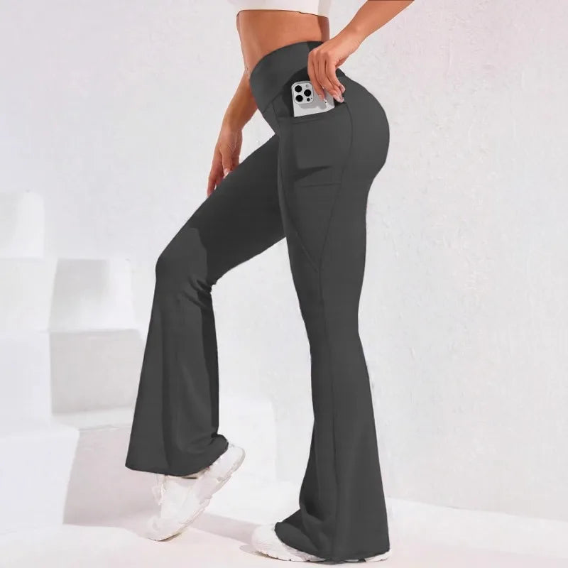 High Waist Flare Leg Yoga Pants Women with Pocket Push Up Butt Running Tights Wide Leg Pants Gym Outdoor Cycling Leggings