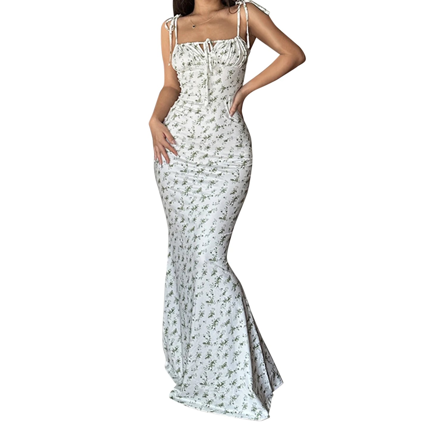 Elegant Floral Print Spaghetti Strap Dress with Drawstring Waist and Fit Design Ideal for Summer and Spring Events