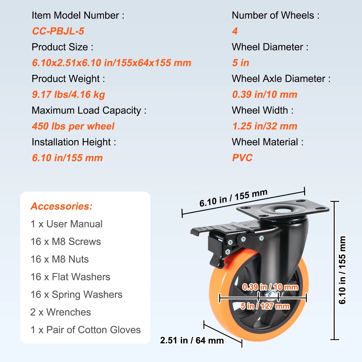 SucceBuy 2/3/4/5/6-inch Swivel Plate Casters Set of 4 with Security Dual Locking PVC Caster Wheels for Cart Furniture Workbench