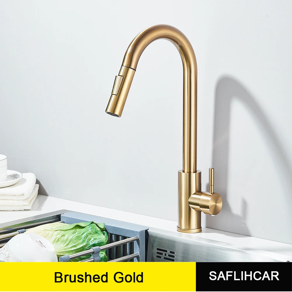 Polished Gold Kitchen Sink Faucet Pull Out Spout Cold Hot Water Mixer Taps Deck Mounted