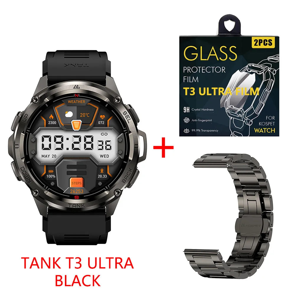 KOSPET TANK T3 Ultra GPS Smart Watch For Men Altimeter Compass Barometric 470mAh 60 Days Battery Bluetooth Call IP69K Waterproof