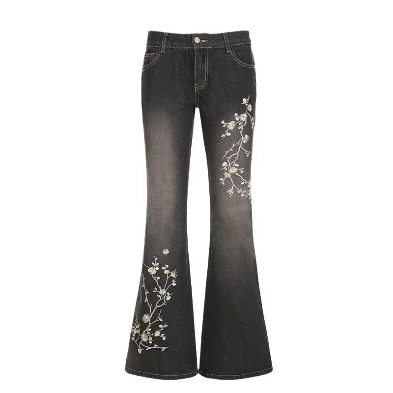 Floral Embroidery Jeans Vintage 2000s Low Rise Flared Jeans Women Retro Y2k Baggy Denim Pants High Street Basic Trousers