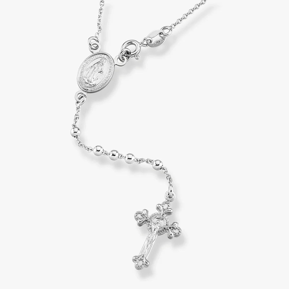 Italian 925 Sterling Silver or 18K Gold Plated Rosary Bead Cross Y Necklace Chain for Women