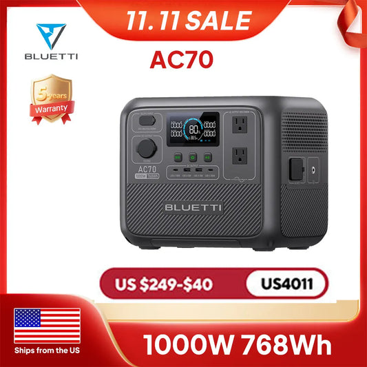[US Plug] BLUETTI AC70 Portable Power Station | 1000W 768Wh, Solar Generator for Road Trip, Off-grid, Power Outage