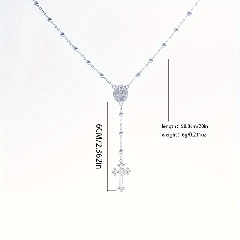 Italian 925 Sterling Silver or 18K Gold Plated Rosary Bead Cross Y Necklace Chain for Women