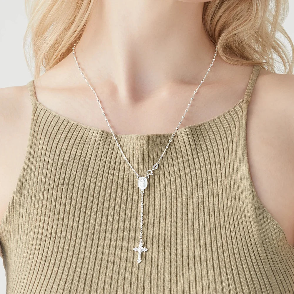 Italian 925 Sterling Silver or 18K Gold Plated Rosary Bead Cross Y Necklace Chain for Women