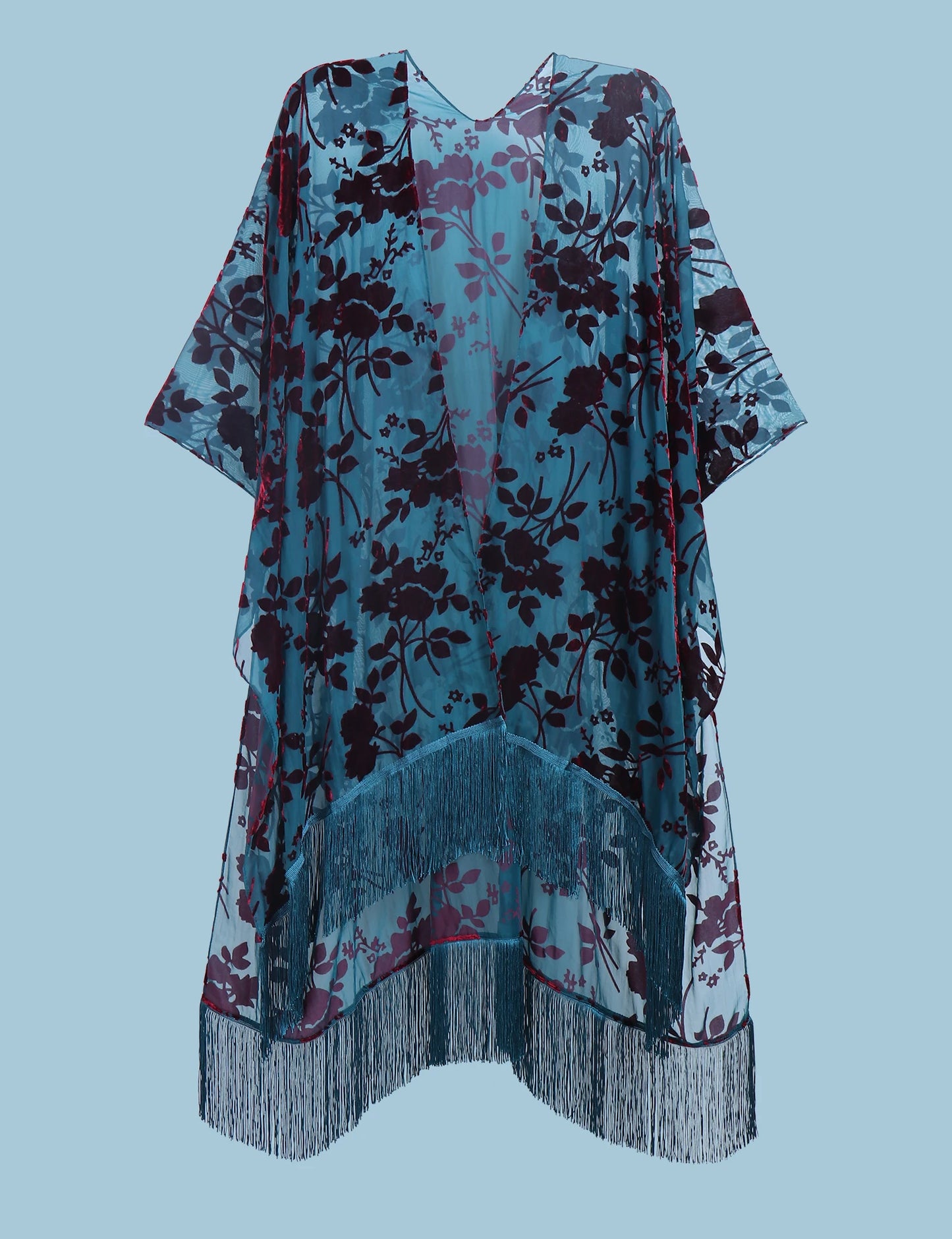 WeHello Women's Burnout Velvet Kimono Long Cardigan Cover Up with Tassel Burgundy Casual Cardigan Shawl Oversize Top