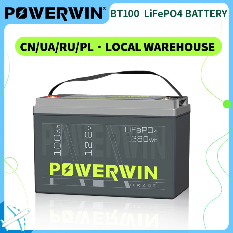 POWERWIN 12.8V 100Ah LiFePO4 Battery BT100 1280Wh Local Warehouse Deep Cycle Grade A  Battery for Solar RV Shipping not included