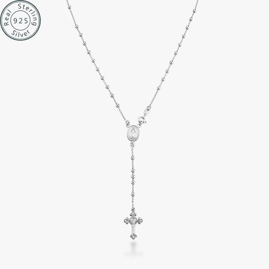 Italian 925 Sterling Silver or 18K Gold Plated Rosary Bead Cross Y Necklace Chain for Women