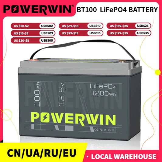 POWERWIN 12.8V 100Ah LiFePO4 Battery BT100 1280Wh Local Warehouse Deep Cycle Grade A  Battery for Solar RV Shipping not included