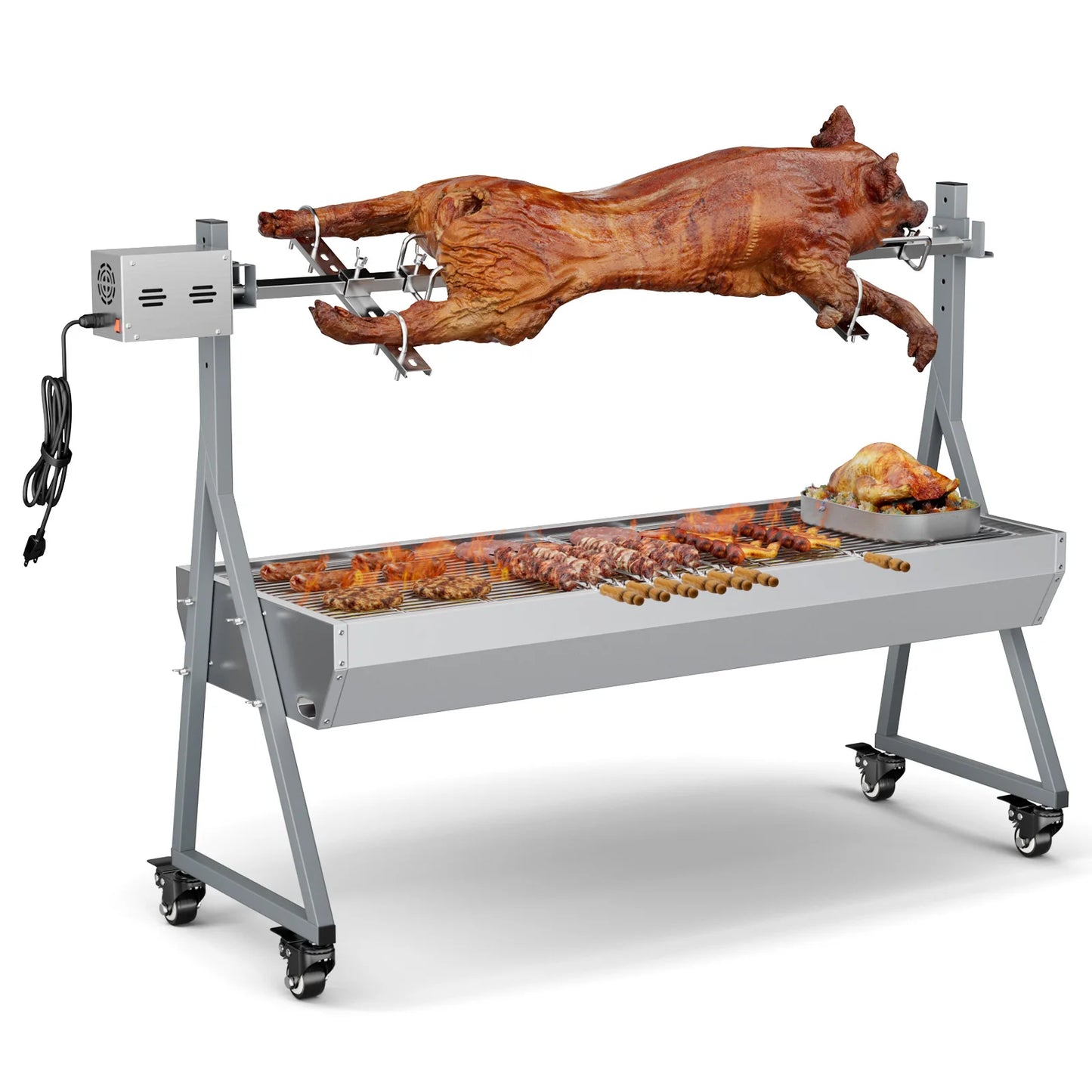 Camping Rotisserie Grill 176LBS Capacity 25W Motor Small BBQ Charcoal Roaster 51'' 2 in 1 Pig Lamb Cooking Tool