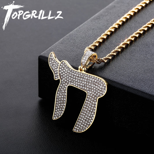 TOPGRILLZ Gold Color Plated Iced Out Micro Pave CZ Stone Jewish Symbol Chai Charms Pendant Necklace Hip Hop For Men Women