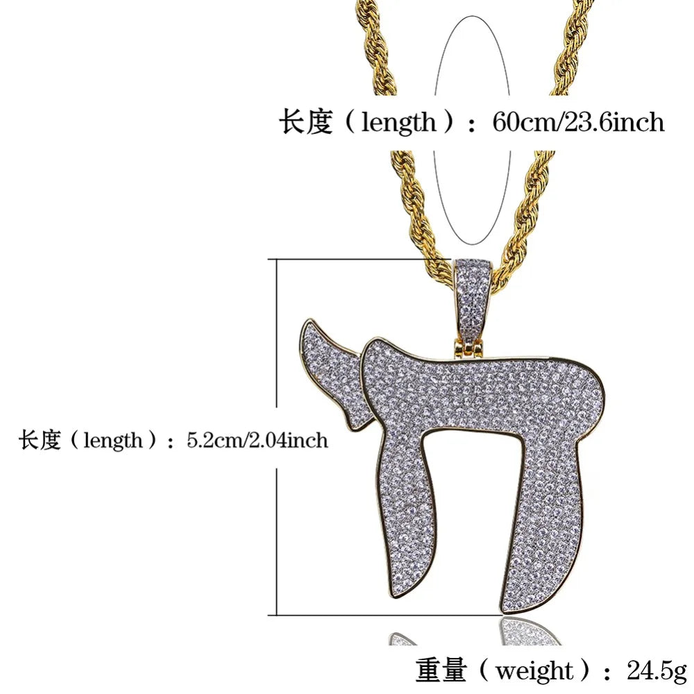 TOPGRILLZ Gold Color Plated Iced Out Micro Pave CZ Stone Jewish Symbol Chai Charms Pendant Necklace Hip Hop For Men Women