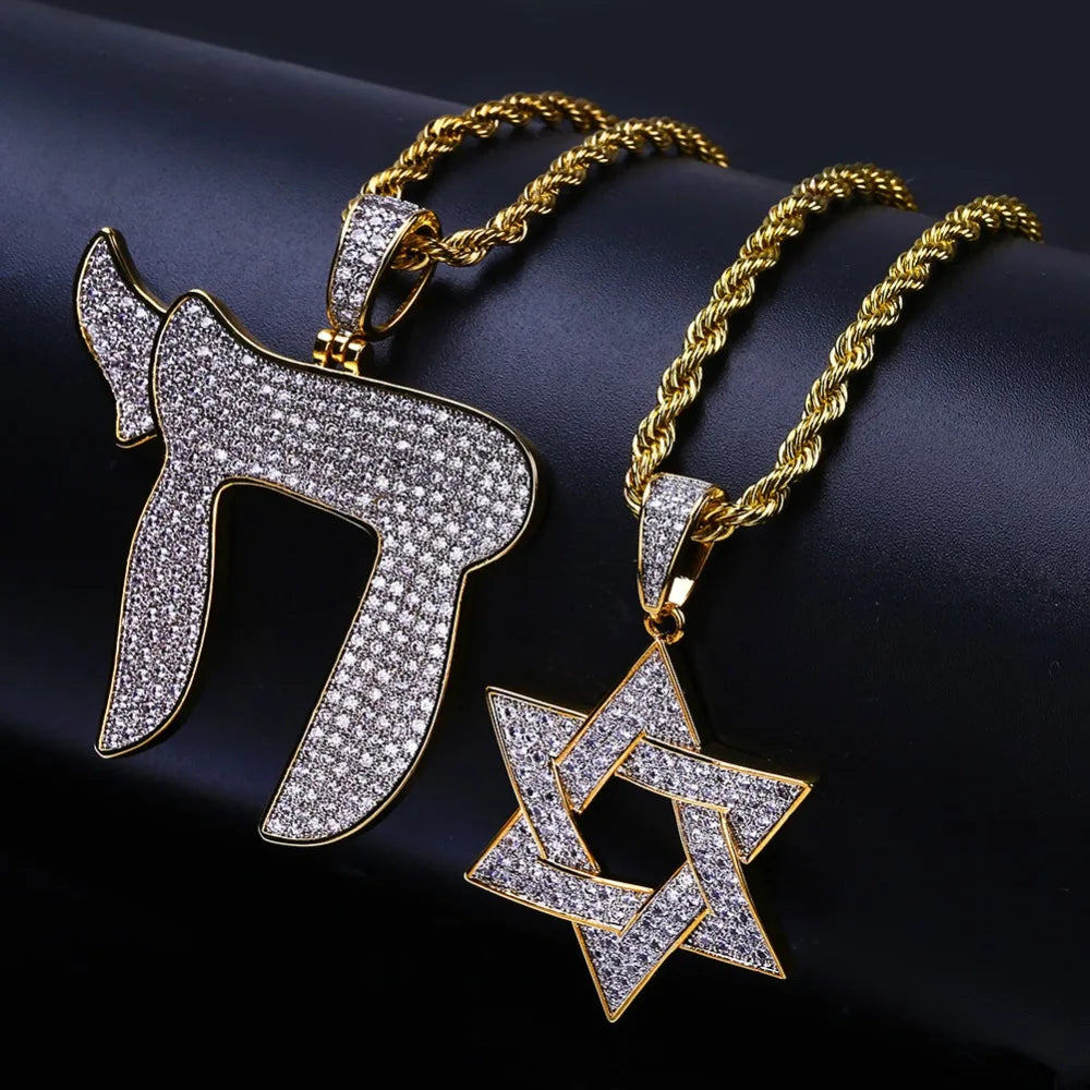 TOPGRILLZ Gold Color Plated Iced Out Micro Pave CZ Stone Jewish Symbol Chai Charms Pendant Necklace Hip Hop For Men Women