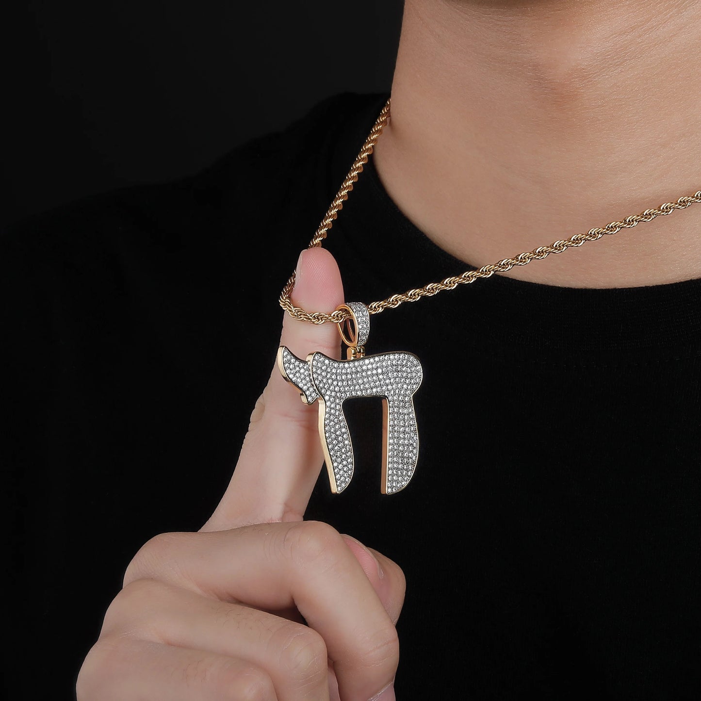 TOPGRILLZ Gold Color Plated Iced Out Micro Pave CZ Stone Jewish Symbol Chai Charms Pendant Necklace Hip Hop For Men Women