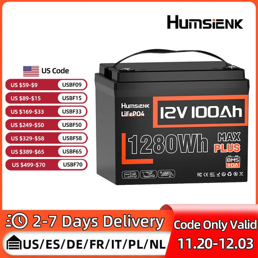 Humsienk LiFePO4 Lithium Battery 12V 100AH BMS 100A 1280Wh For RV/ Vans/ Trolling Motor/Off-grid/Camping/2-year warranty/UL 1973