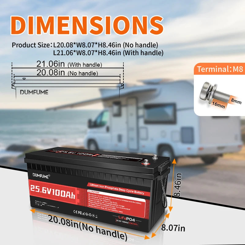 Dumfume 25.6V 100Ah Lifepo4 Lithium Battery 2560w With 100A BMS 12V 600Ah/12V 314Ah/12V 100Ah/36V 100Ah Battery For Solar RV