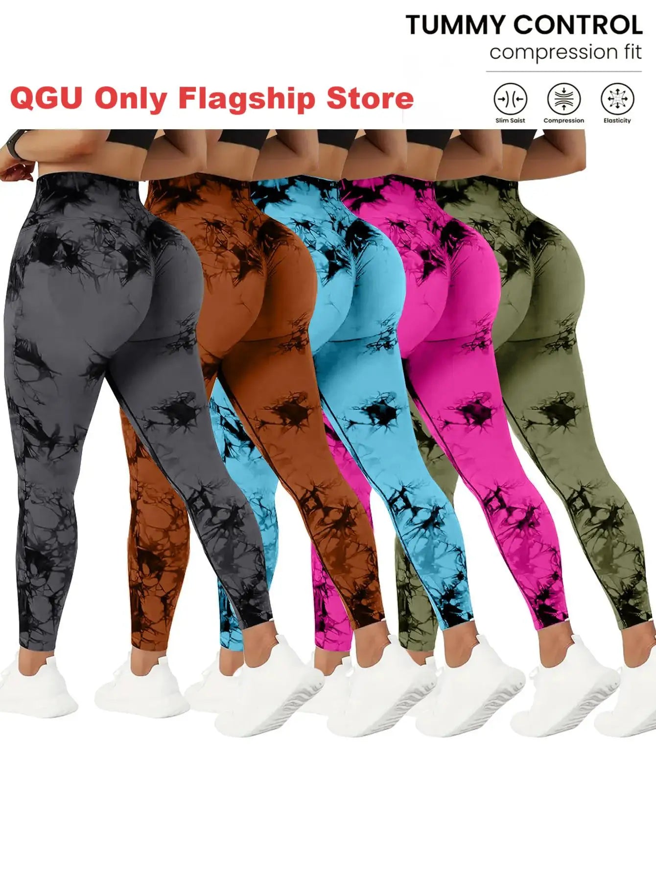 QGU 5-Pack High Waist Tummy Control Yoga Pants For Women, Summer Tie.Dye Fitness Leggings, Stretchy Running Peach Lift Workout T