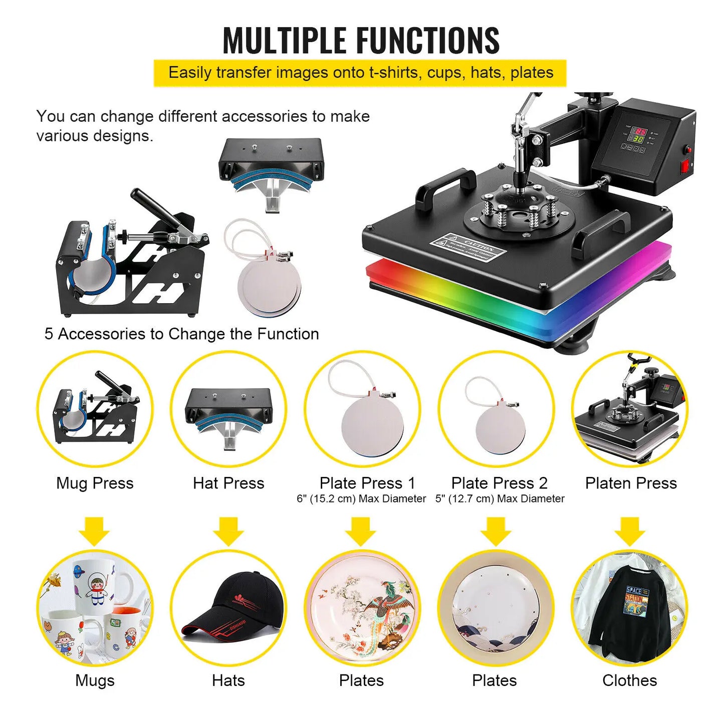 SucceBuy Combo Heat Press Machine 5/6/8 in 1 30*38CM 38*38CM Muntifunctional Sublimation Printer Transfer Mug Hat Plate T-Shirt