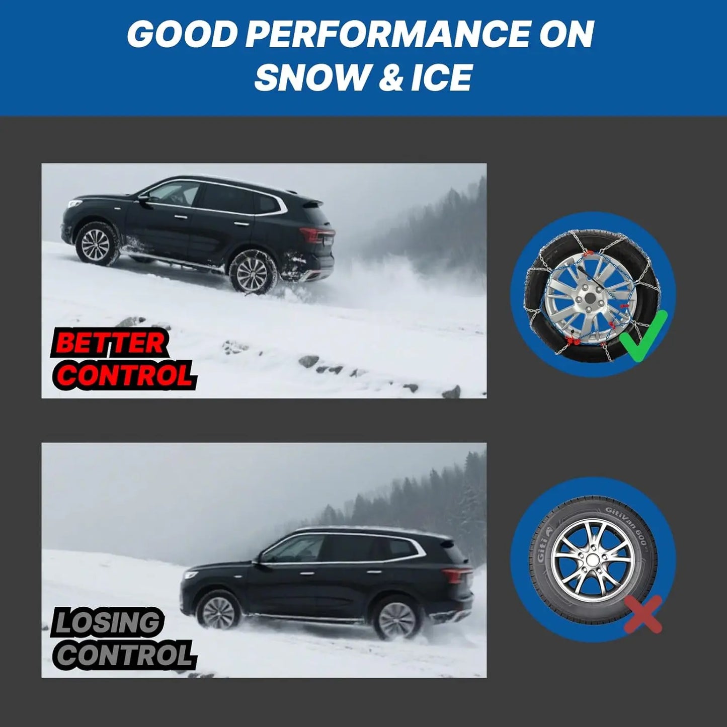 Heavy-Duty Snow Chains for Trucks & SUVs, Quick Fit & Reusable Traction Aid, Set of 2