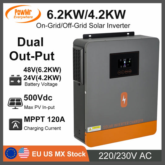 PowMr MPPT 120A Solar Charger 6.2KW 48V/4.2KW 24V On Grid/Off Grid Inverter 230VAC and Max PV 6200W 6500W for Battery Charger