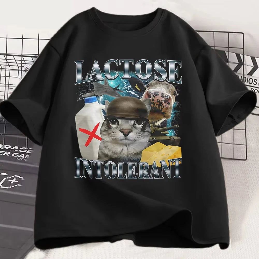 Lactose Intolerant Funny Cat Meme T-Shirt Men Women Retro Fashion Short Sleeve T-shirts Cotton Casual Cozy Oversized T Shirts