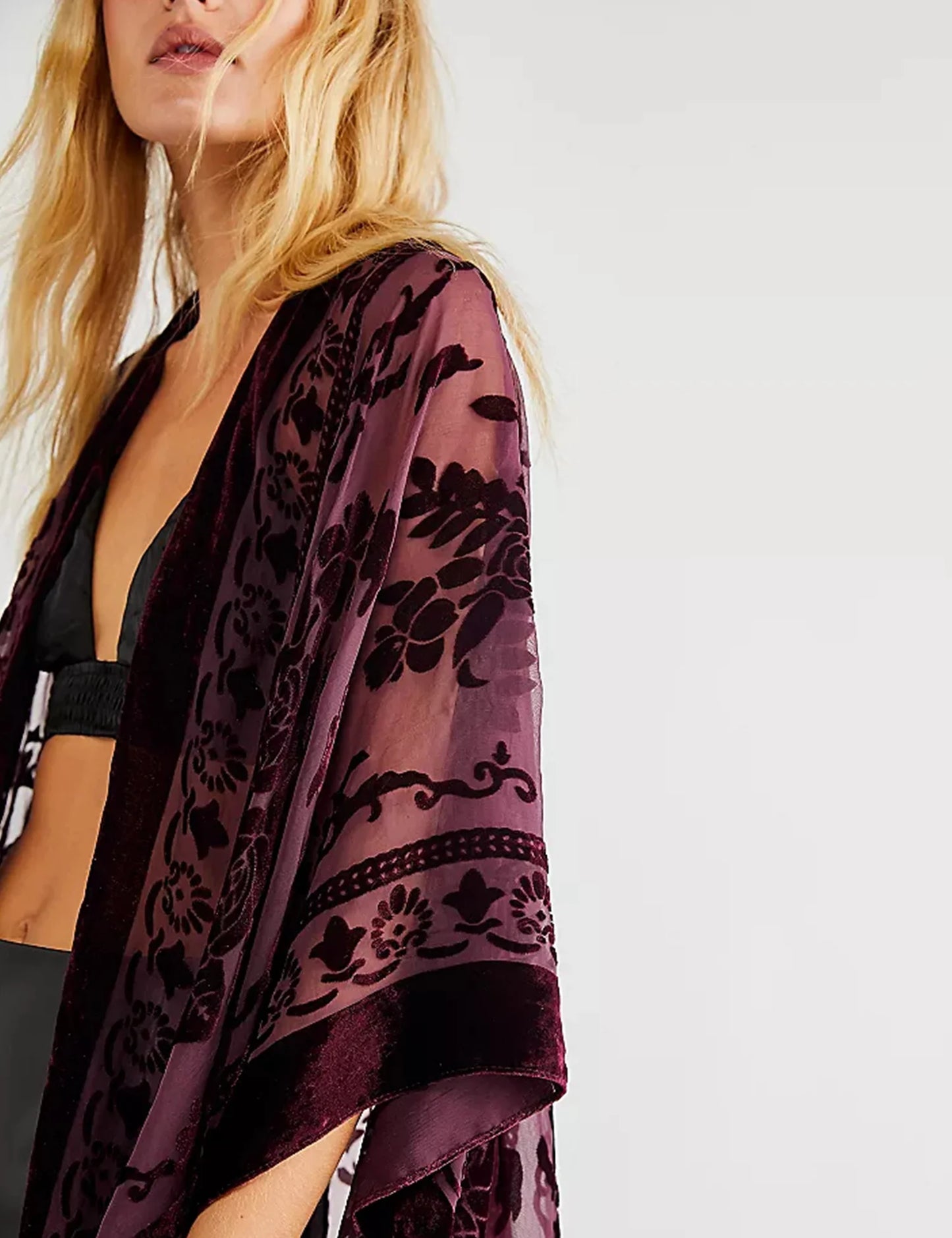 WeHello Women's Burnout Velvet Kimono Long Cardigan Cover Up with Tassel Burgundy Casual Cardigan Shawl Oversize Top