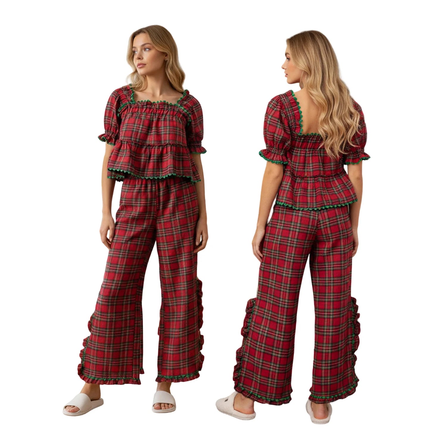 2026 New Years Spring Stripes/Plaid Short Sleeve Square Neck T-shirt with Pants Sleepwear Loungewear Xmas Women Pajama Set