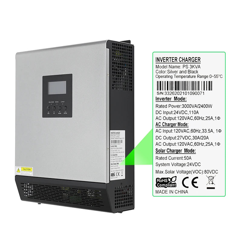 ECGSOLAX 3KVA Hybrid Solar Inverter 24V 110V Built-in 50A PWM Solar Charge Controller 2400W Pure Sine Wave Solar Hybrid Inverter