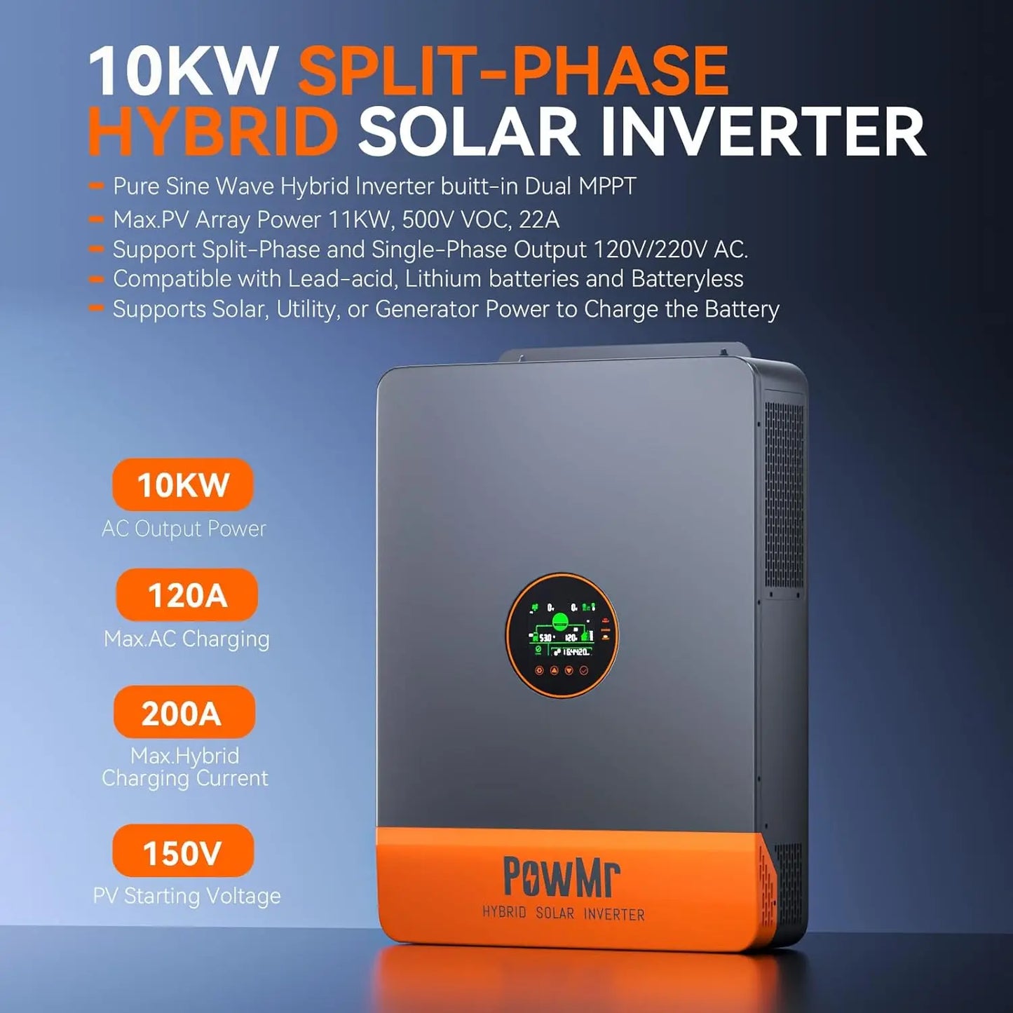 PowMr 10KW Split Phase Inverter 48V 110V 220V Hybrid Solar Inverter Dual MPPT Dual Output Off Grid with MPPT 200A Solar Charger
