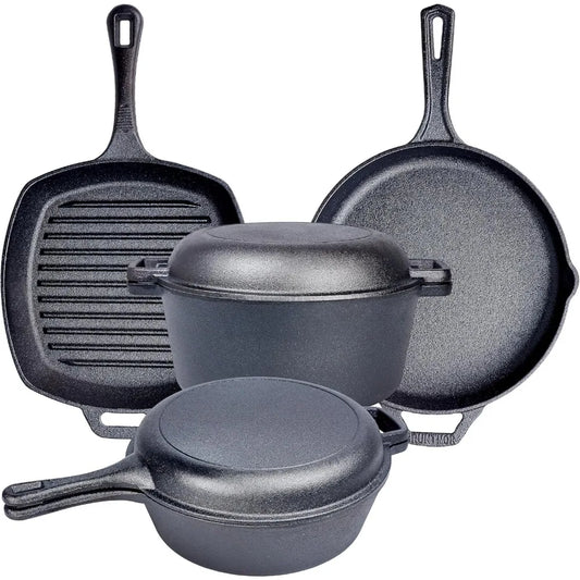 Pan Cooking Set - Cast iron skillet and square baking pan with lid - Outdoor camping cookware