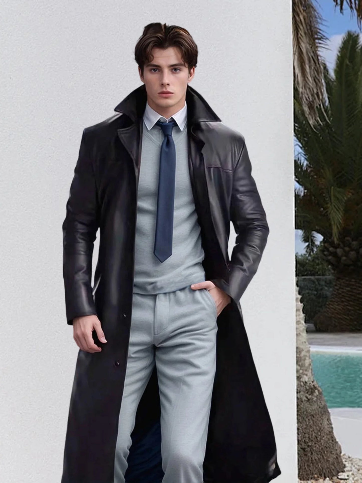 Men s Faux Leather Jacket Classic Lapel Collar Long Sleeve Button Closure Windproof Coat for Fall Winter Wardrobe