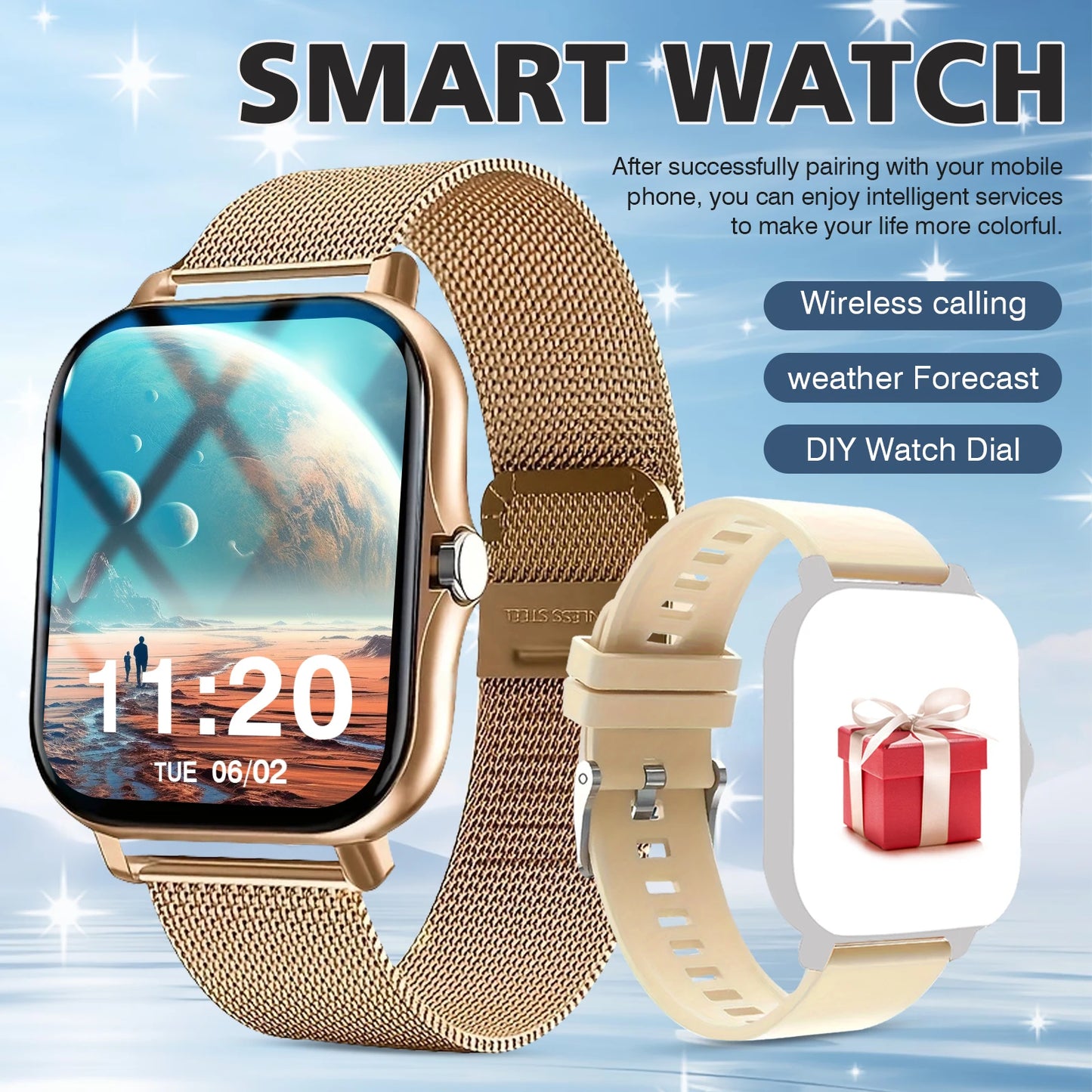 Sports smart watch, fitness activity detector, Bluetooth calling, message reminder view, unisex, suitable for Android and iPhone