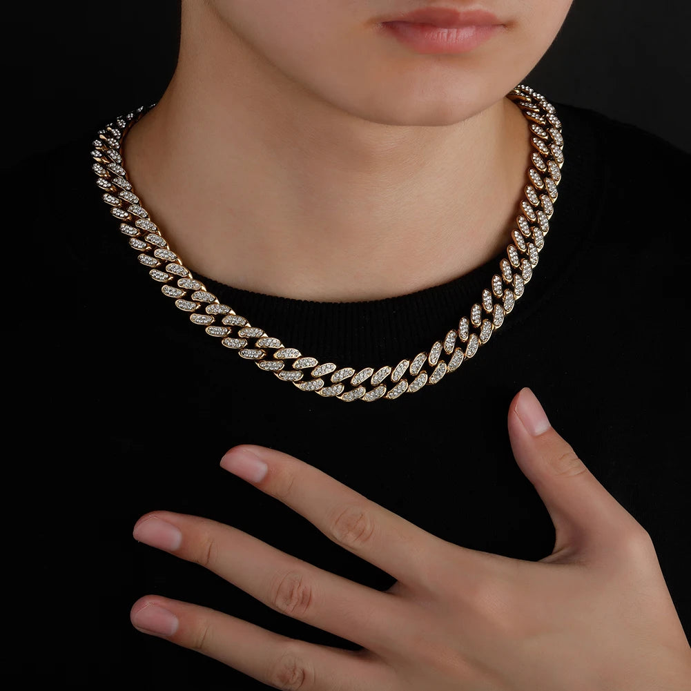 TOPGRILLZ Fully Cz Stone 13mm Alloy Waterproof Color Preservation Miami Cuban Necklace/Bracelet Punk Hip Hop Rapper Jewelry