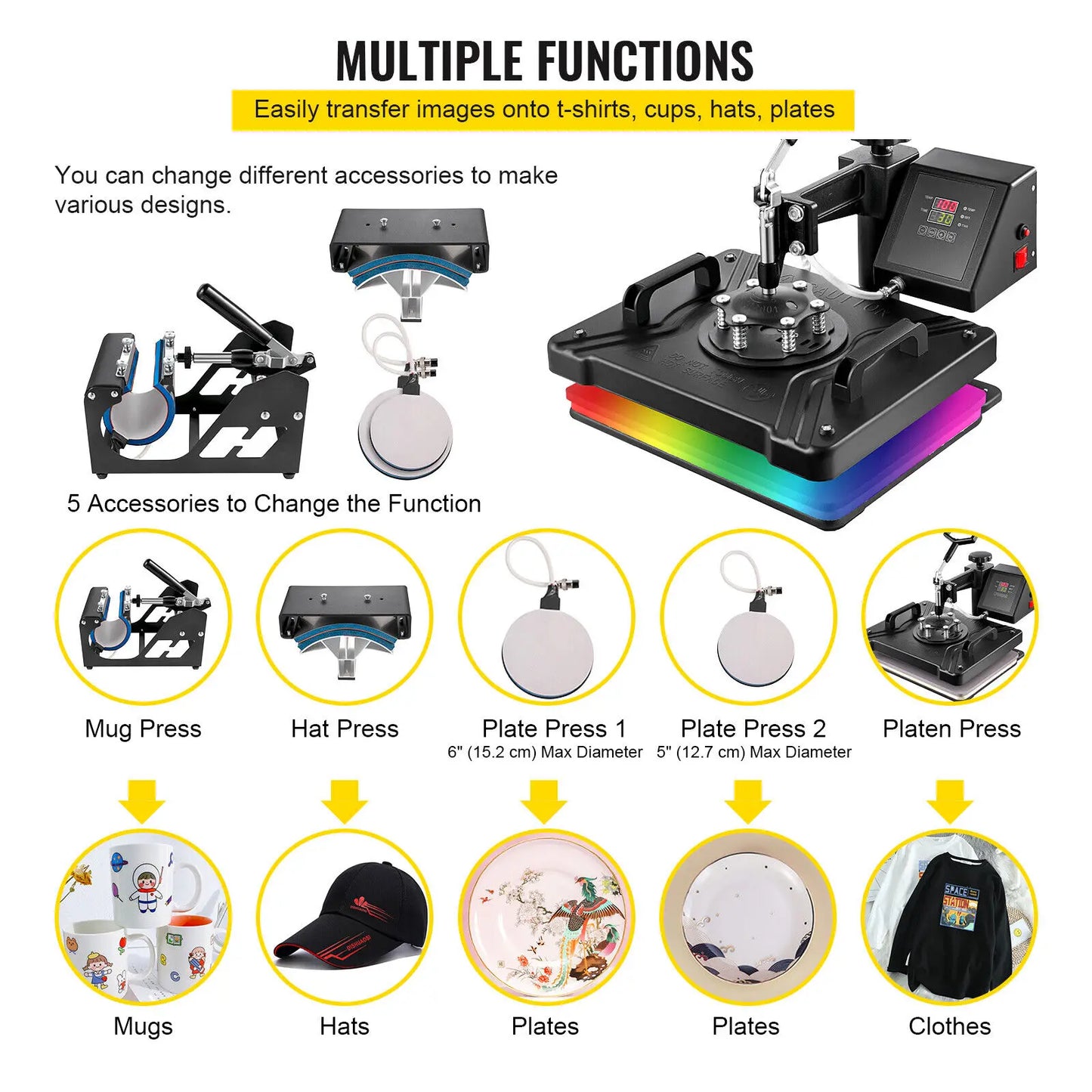 SucceBuy Combo Heat Press Machine 5/6/8 in 1 30*38CM 38*38CM Muntifunctional Sublimation Printer Transfer Mug Hat Plate T-Shirt