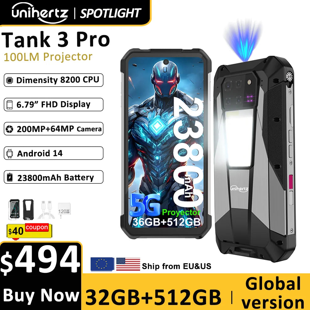 Unihertz Tank 3 Pro 8849 Rugged 5G Smartphone Android with 100 Lumens Projector 32GB 512GB 23800mAh 6.79" FHD Waterproof Phone