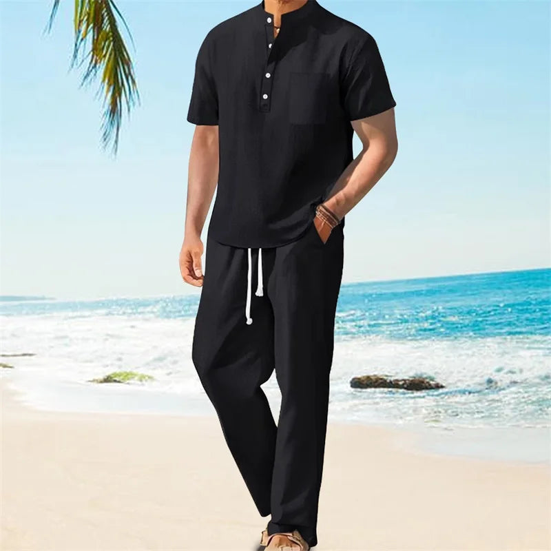 Men s Casual 2 Piece Outfit Short Sleeve Henley Tops with Drawstring Pants Loose Solid Color Set for a Stylish Look