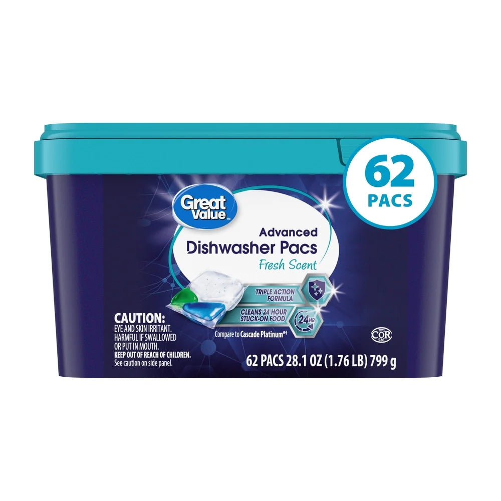 Advanced Automatic Dishwasher Pacs 62 Count Fresh Scent Triple Action Formula Tough on Grease Stains Residue No Pre-Rinse Safe