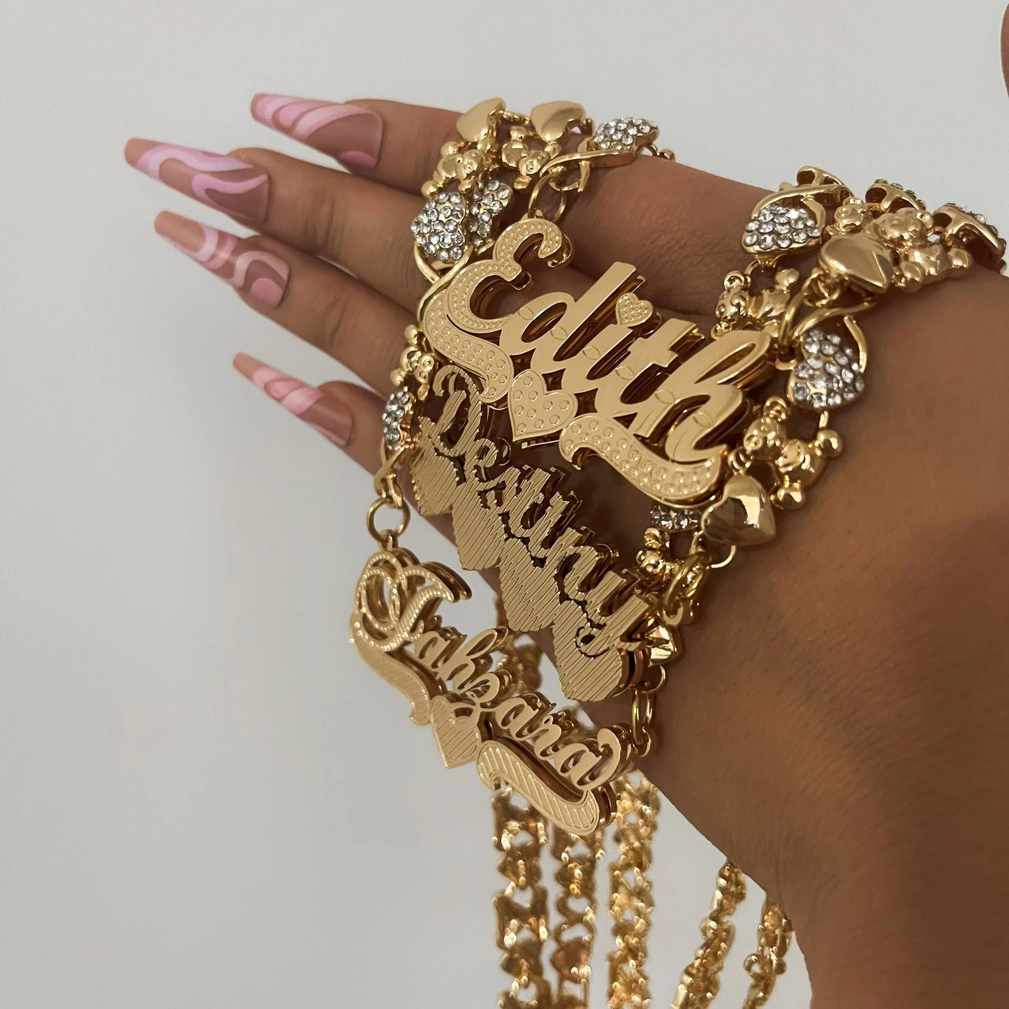 Personalized  Teddy Bear Chain Name Necklace with Diamond 3D Double-layer Nameplate DIY Custom Name Necklace Golden Women's Gift